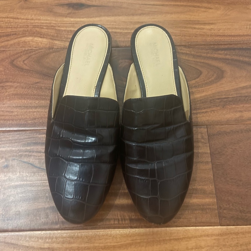 Michael Kors Dark Brown Crocodile Print Slide On Flats
